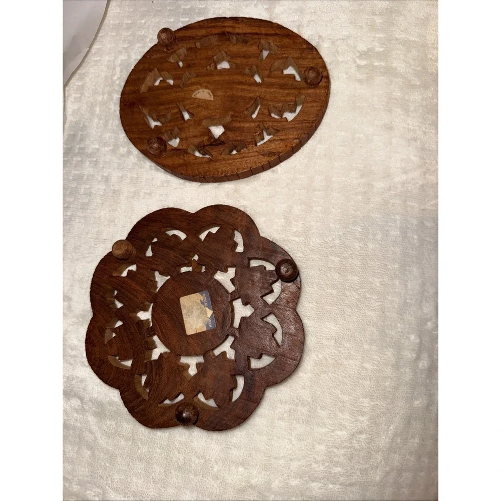 Vintage Wood Hand Carved Trivets Made In India 6
